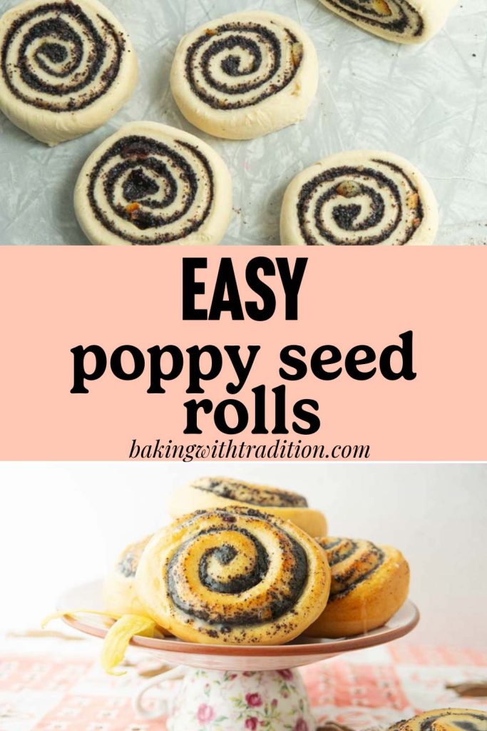 cut poppy seed rolls and poppy seed rolls on plate