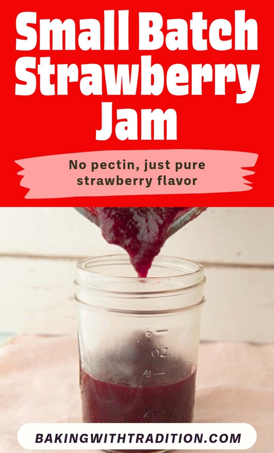 strawberry jam being poured into jar, text overlay
