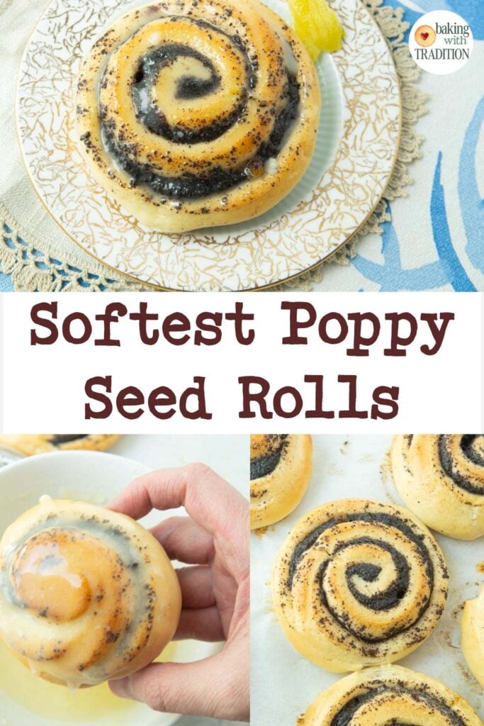 poppy seed roll on plate, dipping roll in lemon glaze, baked poppy seed rolls, text overlay