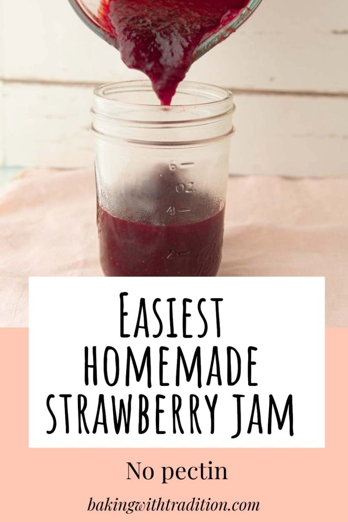 pouring homemade strawberry jam into jar