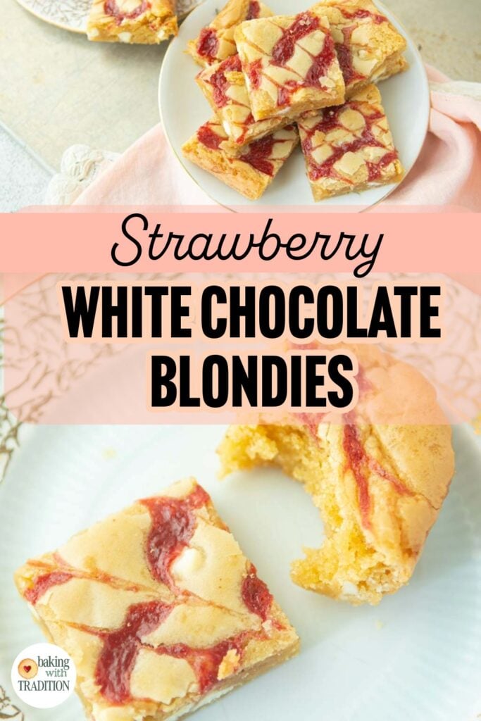 plate of strawberry white chocolate blondies, closeup of strawberry white chocolate bars, text overlay