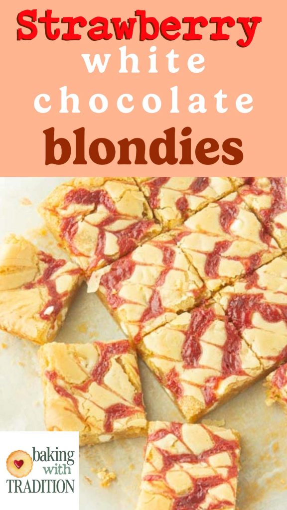 strawberry white chocolate blondies cut with text overlay