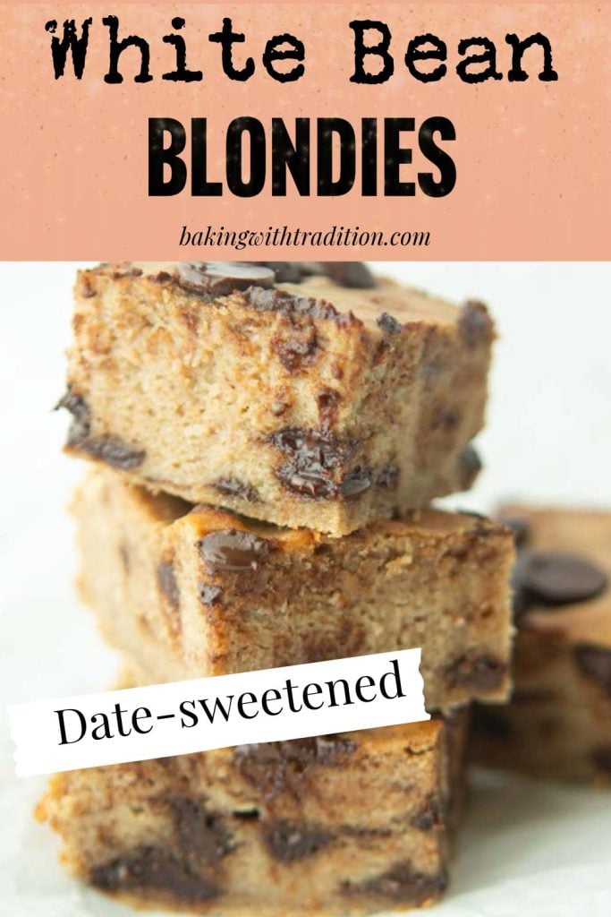closeup of stack of white bean blondies with text overlay