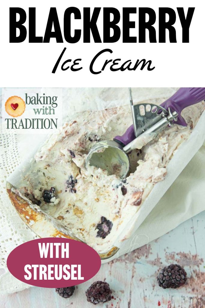 blackberry ice cream in pan with scoop