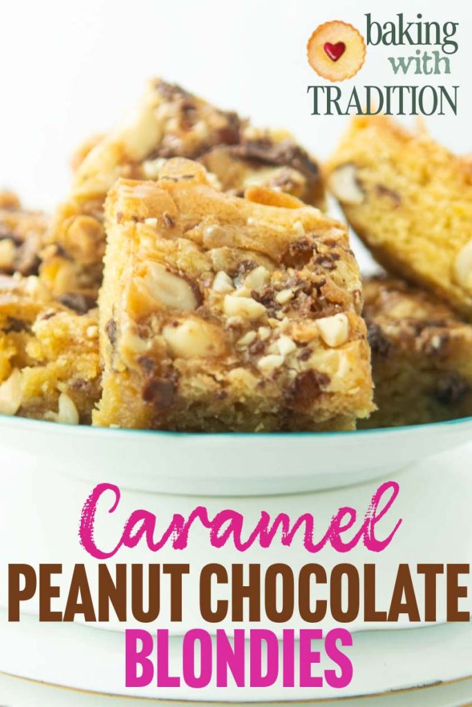 closeup of caramel chocolate peanut blondies