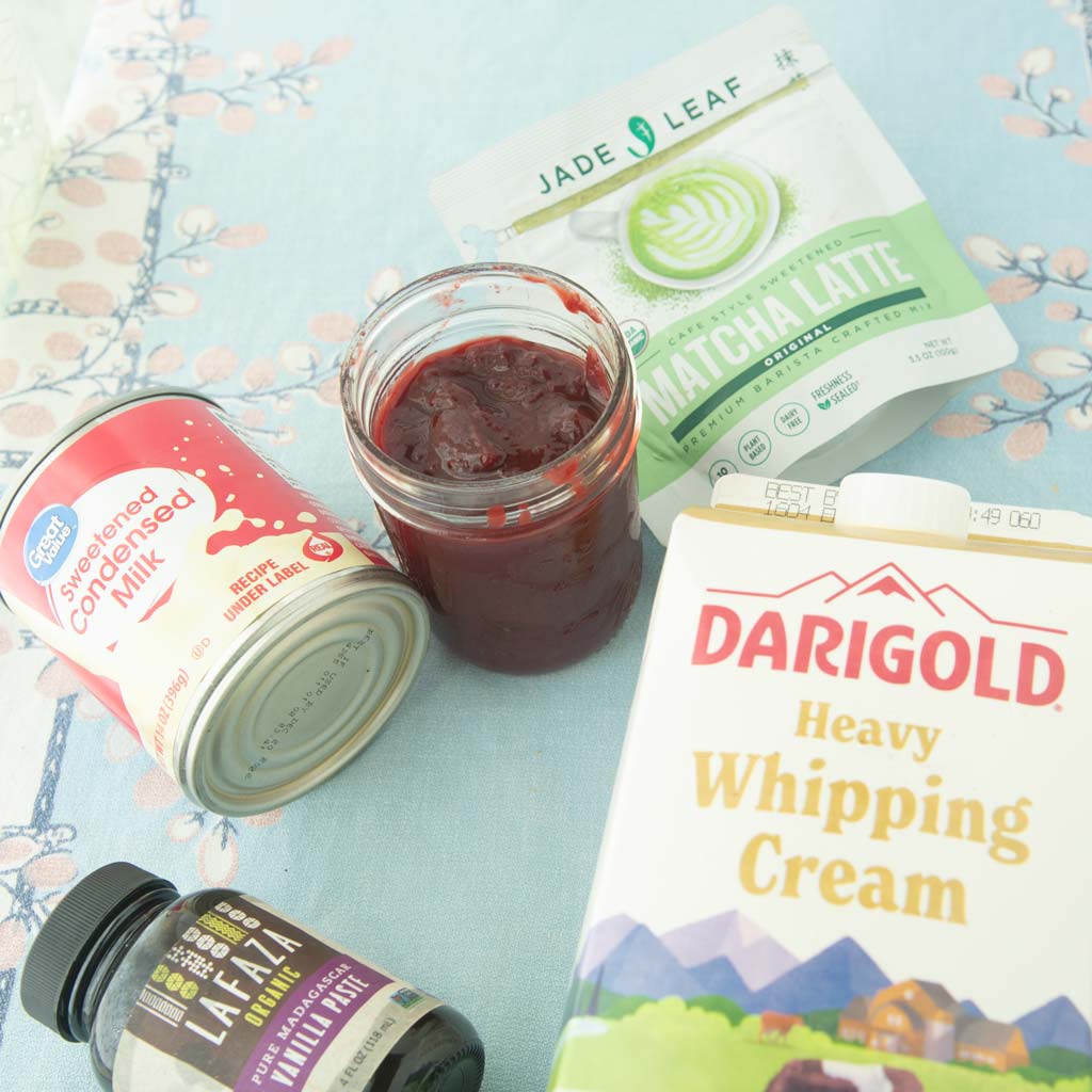 ingredients for strawberry matcha ice cream