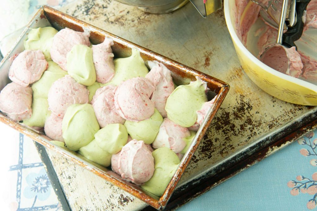 strawberry matcha ice cream in pan