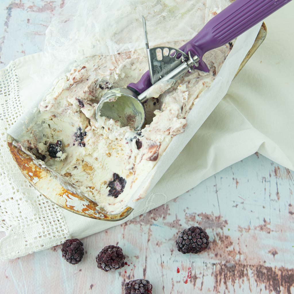 blackberry crumble ice cream in pan