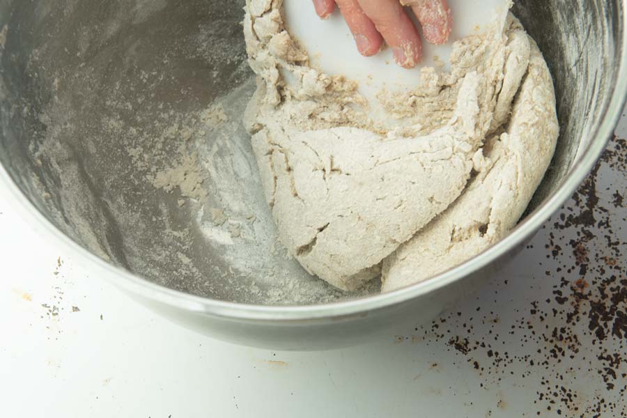 kneading rye dough with scraper
