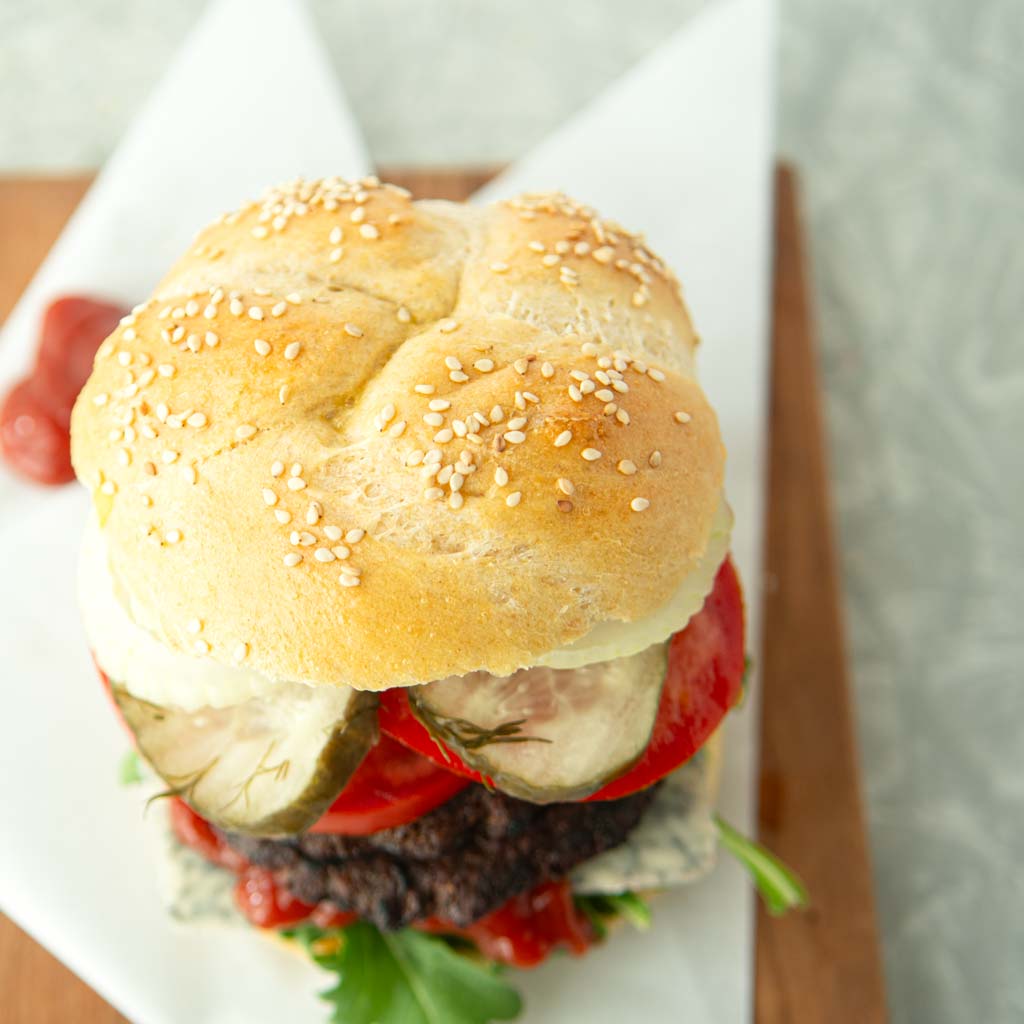 closeup of burger bun on a classic burger