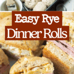 sprinkling caraway on rye dinner rolls, rye rolls made into slider sandwiches, text overlay
