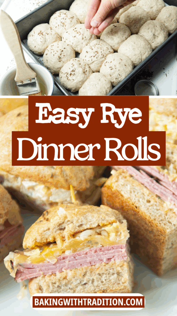 sprinkling caraway on rye dinner rolls, rye rolls made into slider sandwiches, text overlay