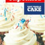 closeup of vanilla cupcakes with 4th of july muffin wrappers and sprinkles