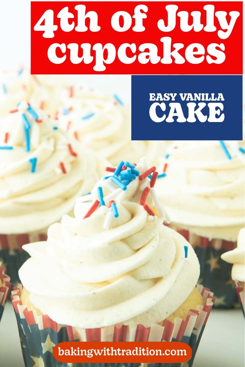 closeup of vanilla cupcakes with 4th of july muffin wrappers and sprinkles
