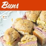 sandwiches made with rye buns, text overlay