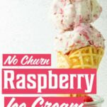 ice cream cone with scoops of raspberry ice cream, text overlay