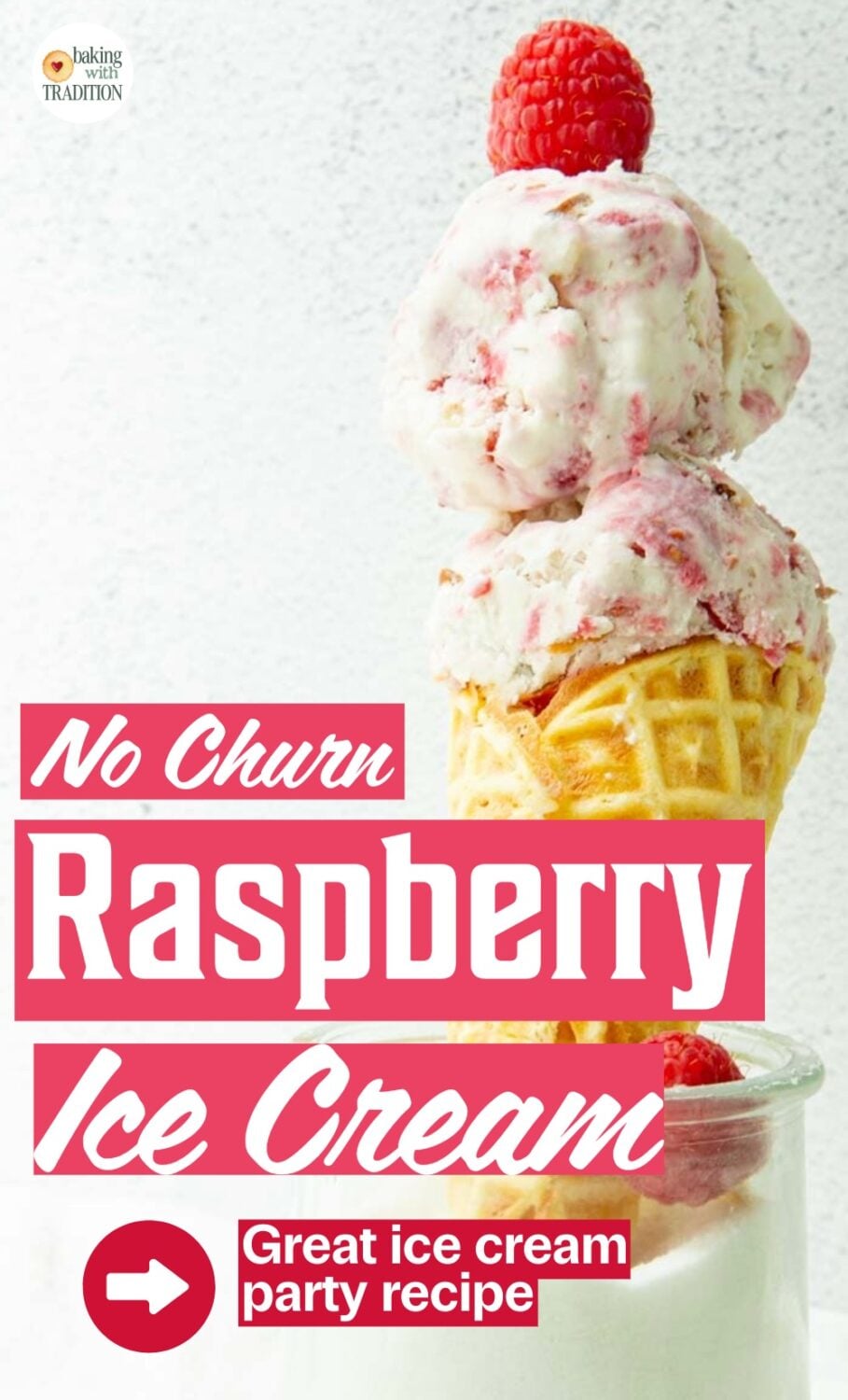 ice cream cone with scoops of raspberry ice cream, text overlay
