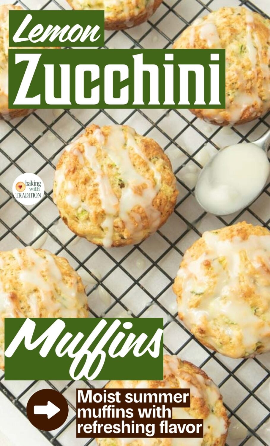 lemon zucchini muffins on wire rack with lemon drizzle, spoon, text overlay