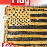 horizontal shot of flag slab pie filled with berries, text overlay