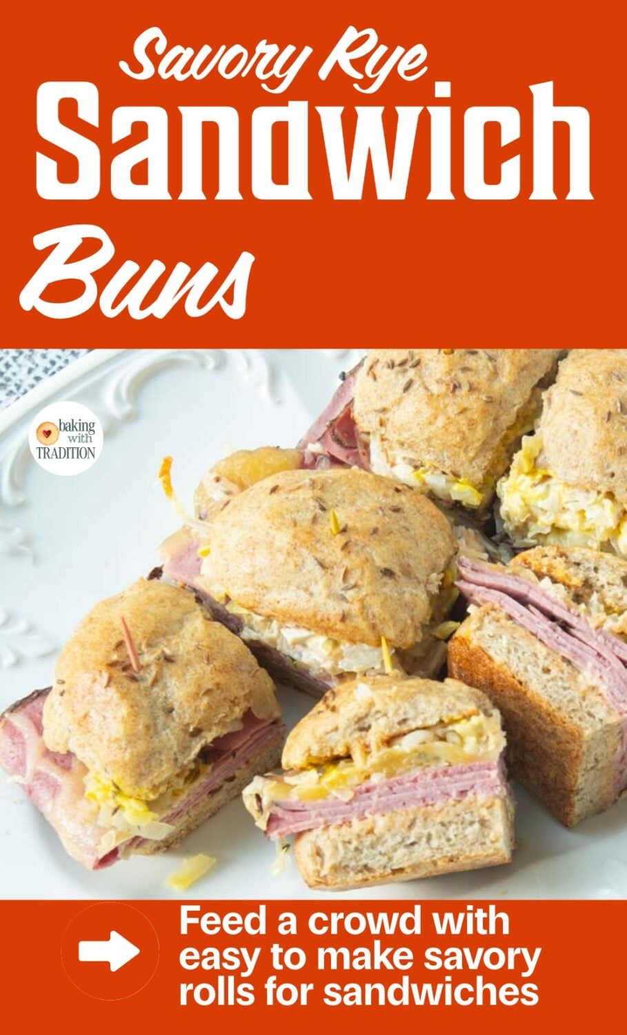 sandwiches made with rye buns, text overlay