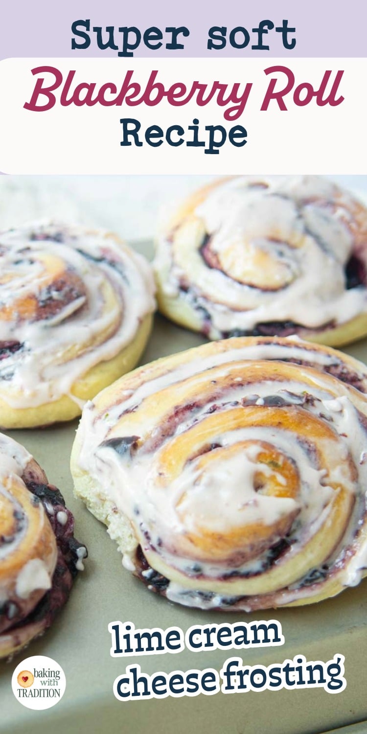 closeup of lime cream cheese frosting over blackberry sweet rolls, text overlay