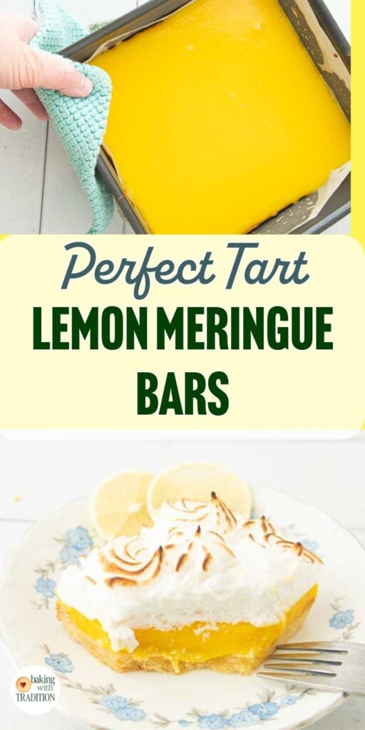 pan of lemon meringue bars, cut lemon meringue bar on plate, text overlay