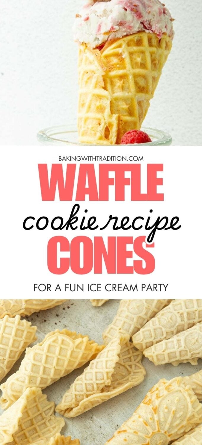 ice cream cone filled with raspberry ice cream, baked ice cream cones, text overlay