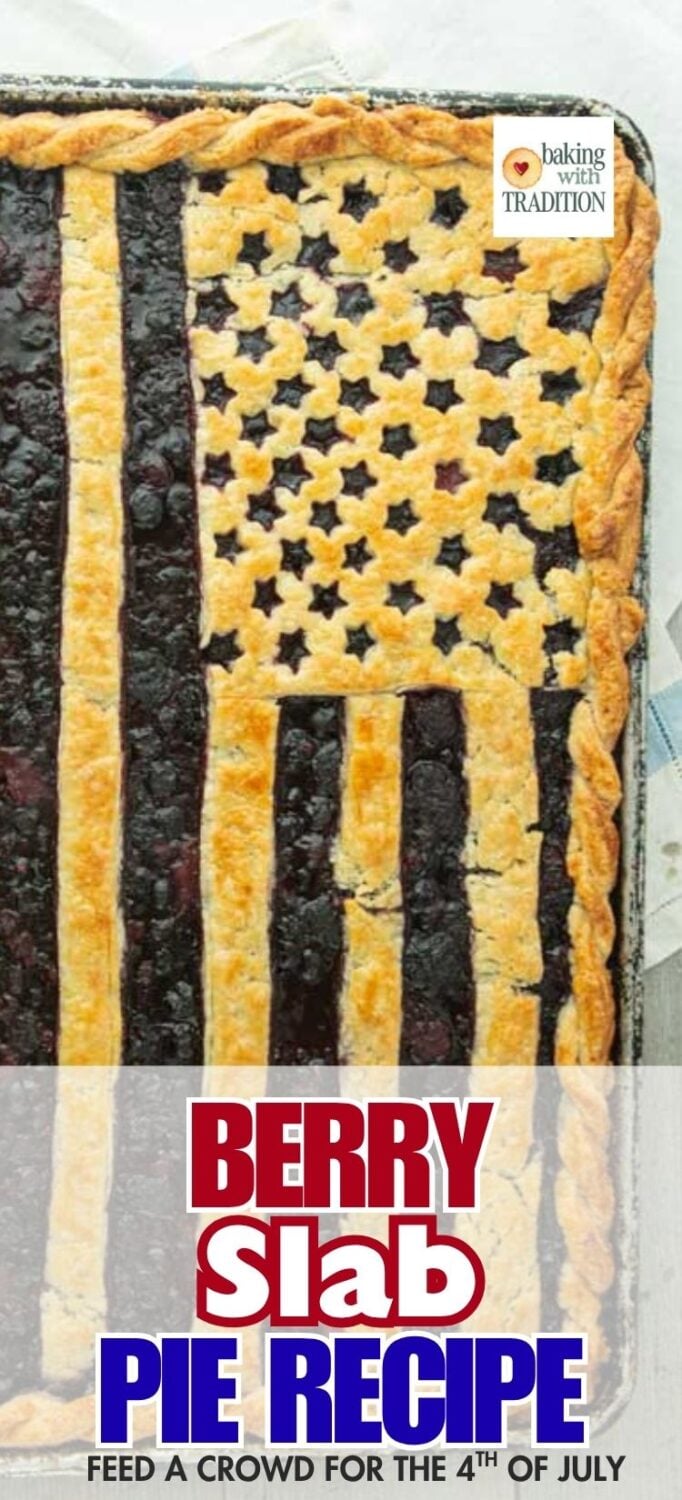 vertical shot of American flag pie with berries, text overlay