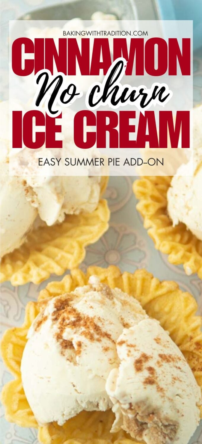 closeup of cinnamon ice cream in waffle cups, text overlay