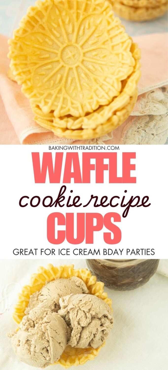 closeup of waffle cone cup and stack of waffle cone cups, ice cream in waffle cone cup, text overlay