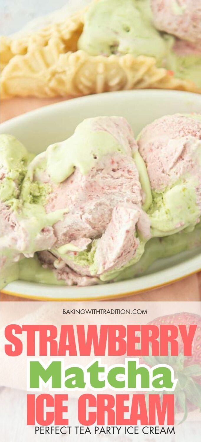 closeup of scoops of strawberry matcha ice cream in bowl, matcha strawberry ice cream in cones out of focus, text overlay