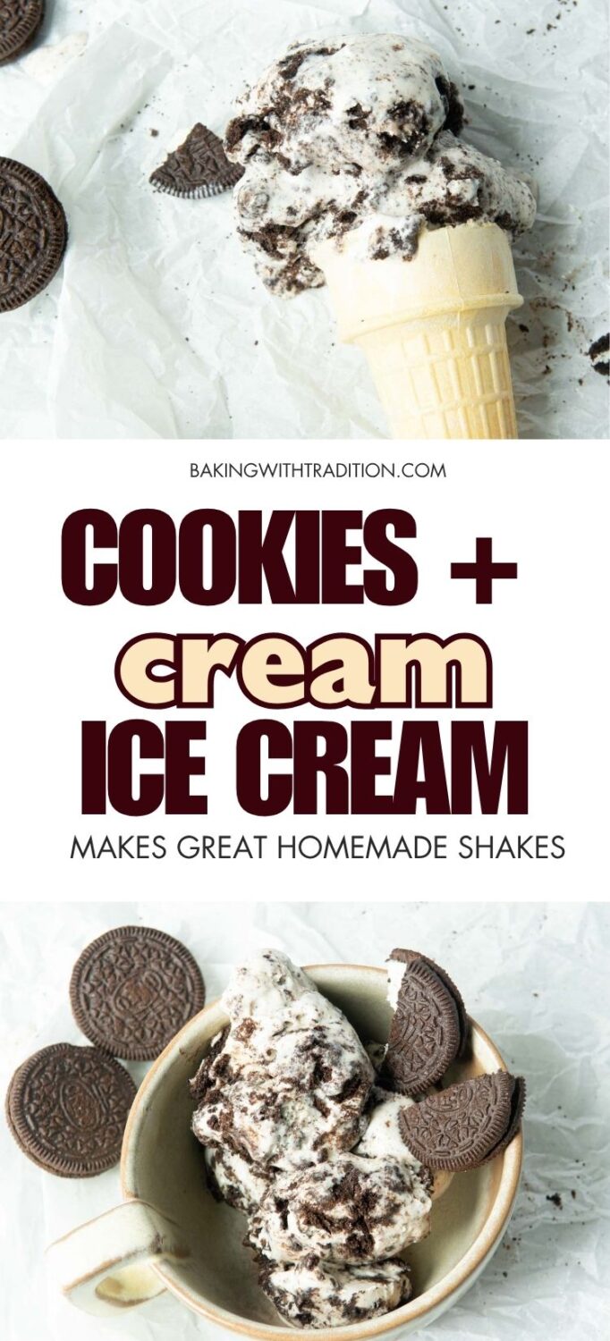 cookies and cream ice cream in ice cream cone, cookies and cream ice cream in cup with broken oreo cookies, text overlay