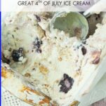 closeup of blackberry ice cream in loaf pan with whole berries, ice cream scoop, text overlay