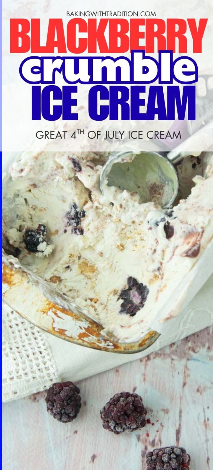 closeup of blackberry ice cream in loaf pan with whole berries, ice cream scoop, text overlay