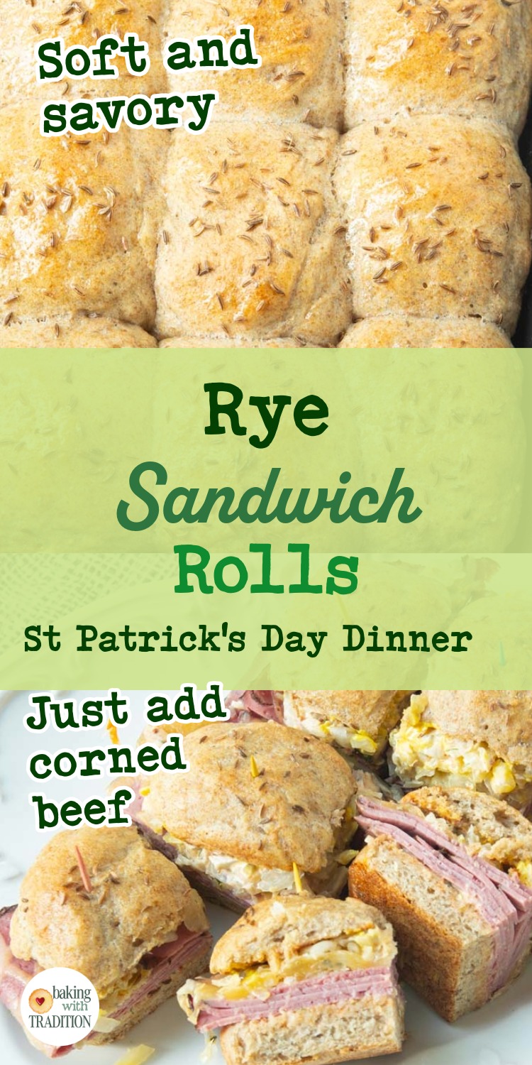 closeup of the tops of rye sandwich buns, rye sandwich buns split and turned into reuben sandwiches, text overlay