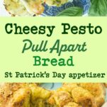 single serving of pesto bread, pulling apart pesto pull apart bread, marinara, text overlay