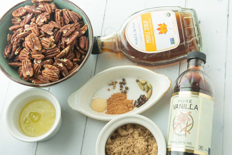 ingredients for candied maple pecans