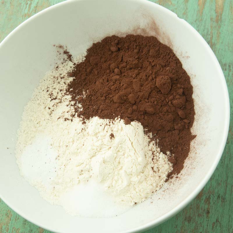 cocoa, flour, baking powder and salt in bowl