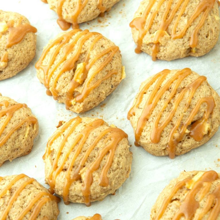 caramel apple cookies on tray