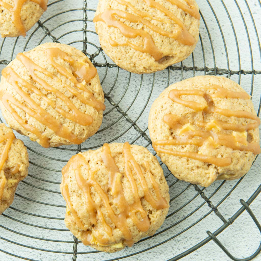 caramel apple cookies on wire rack