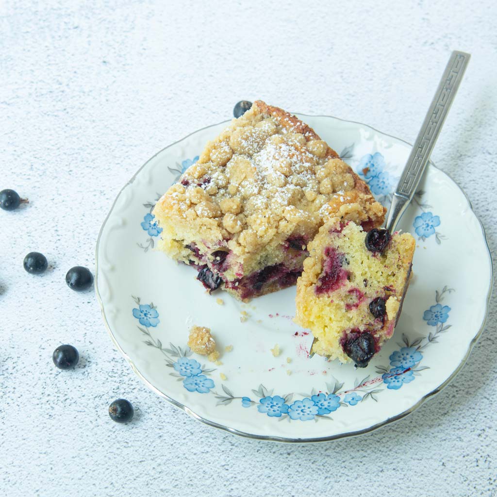 black currants and black currant cake on plate with bite out of it