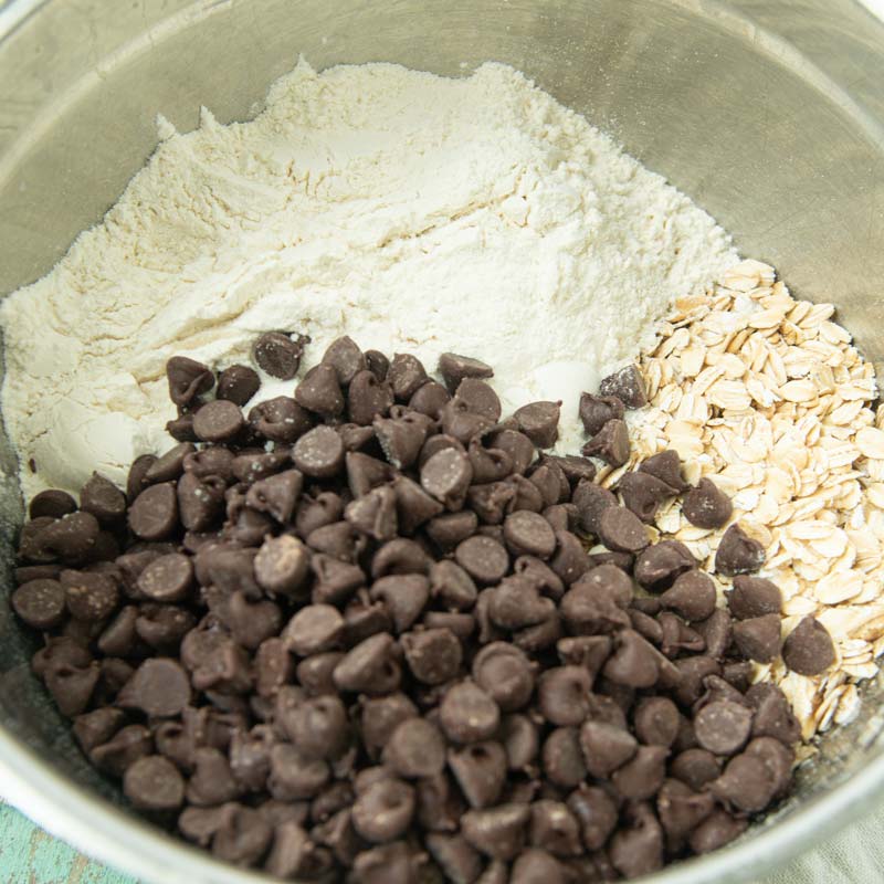 chocolate chips, oats, and flour in bowl