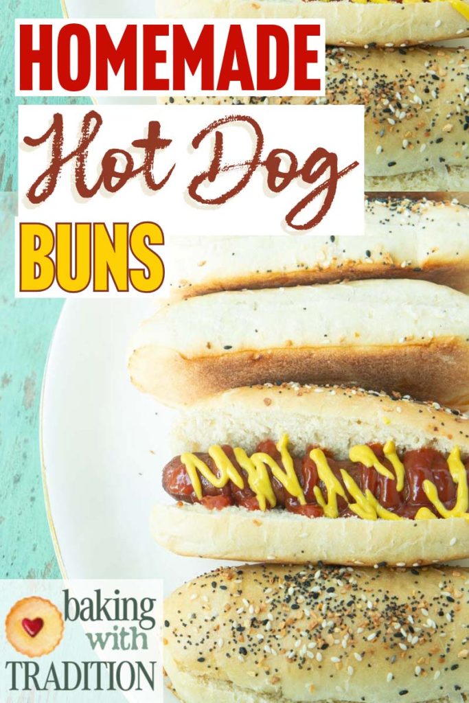 homemade hot dog buns on plate with one hot dog with ketchup and mustard with text overlay