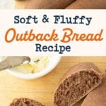 stack of outback bread loaves, slices of outback bread next to cup of butter, text overlay