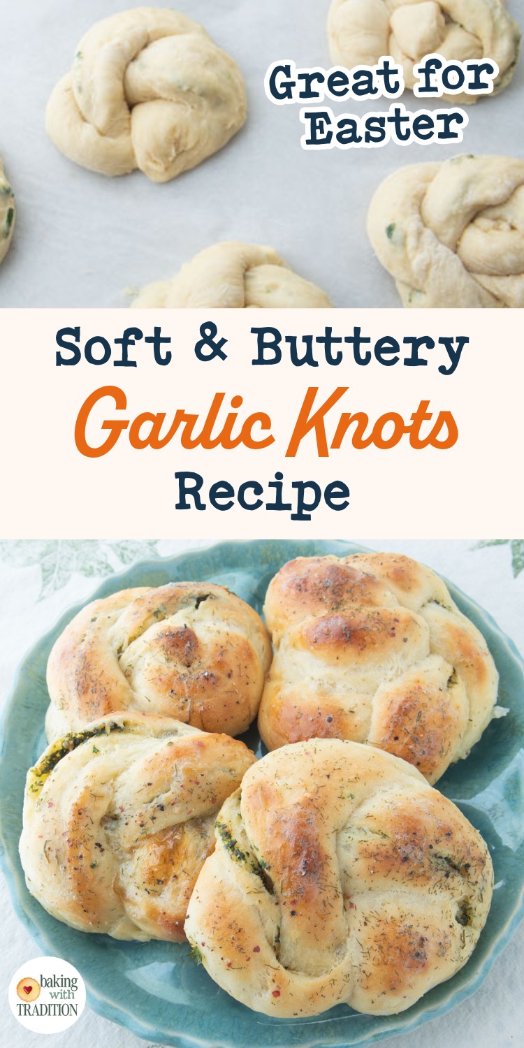 garlic knots before baking, baked garlic knots on plate, text overlay