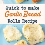 garlic bread rolls made into meatball sandwich, cut garlic bread roll on plate, text overlay