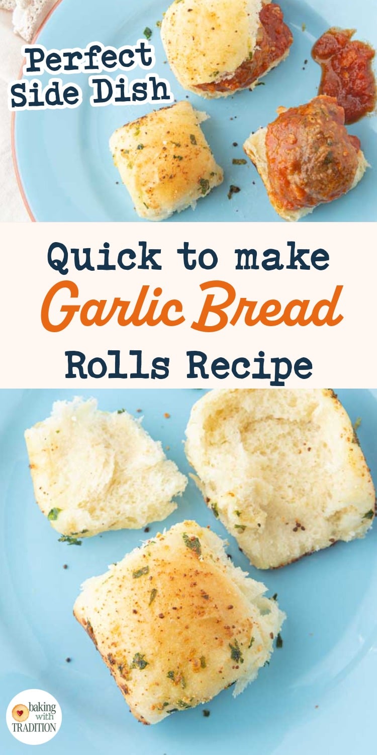garlic bread rolls made into meatball sandwich, cut garlic bread roll on plate, text overlay