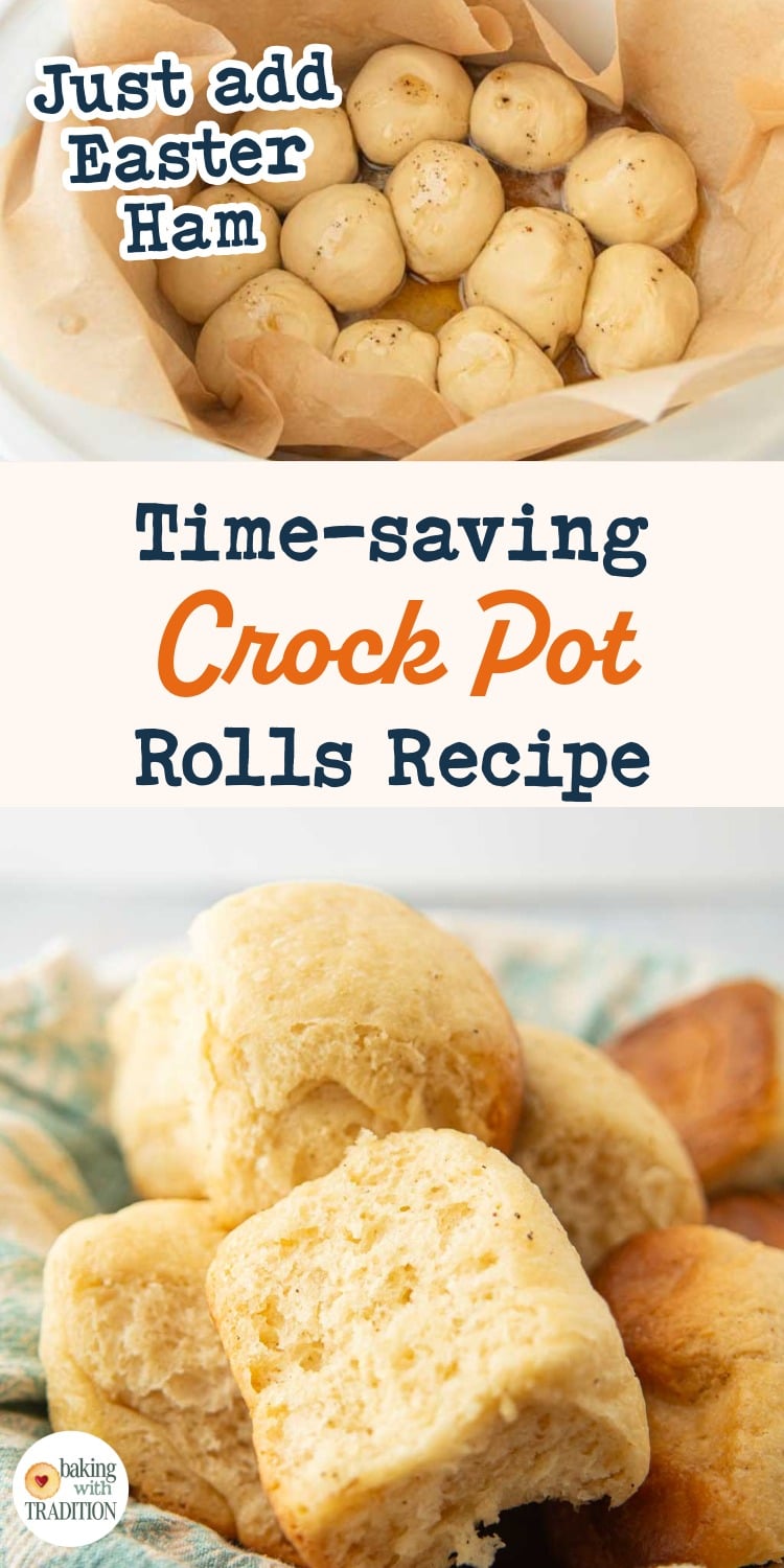 crockpot rolls in crockpot, closeup of basket of crockpot rolls, text overlay