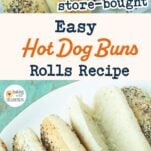 homemade hot dog buns on sheet tray, split homemade hot dog buns on plate, text overlay
