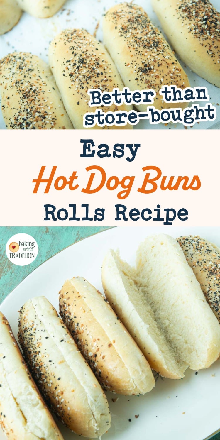homemade hot dog buns on sheet tray, split homemade hot dog buns on plate, text overlay